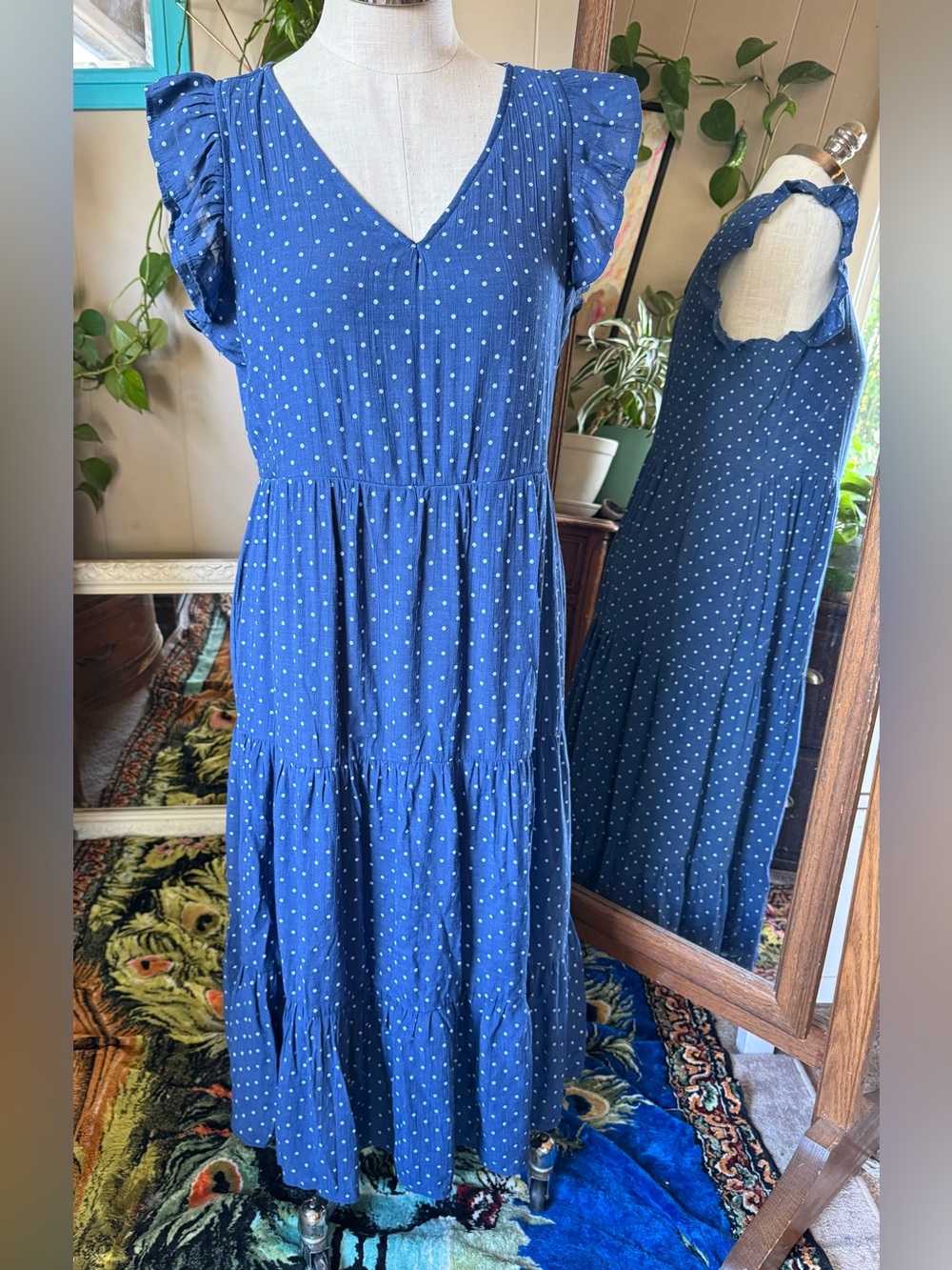 Indigo Rose Blue Polka Dot Midi Dress with Flutter Sleeves, Large